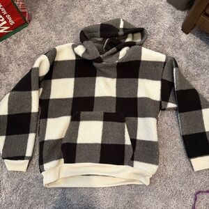 American Eagle Women’s Black and Cream Buffalo Plaid Fleece Hoodie Medium
